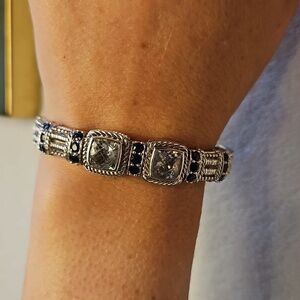 Judith Ripka silver bracelet inlaid with green quartz (prasiolite)and sapphires